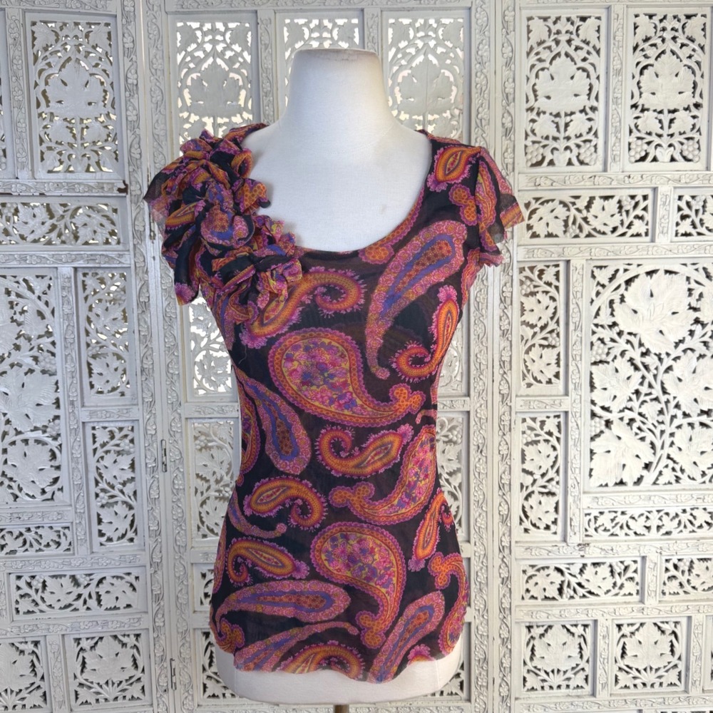Vtg Y2K Mesh Paisley Blouse Womens Medium Coquette Whimsical Fairy Retro